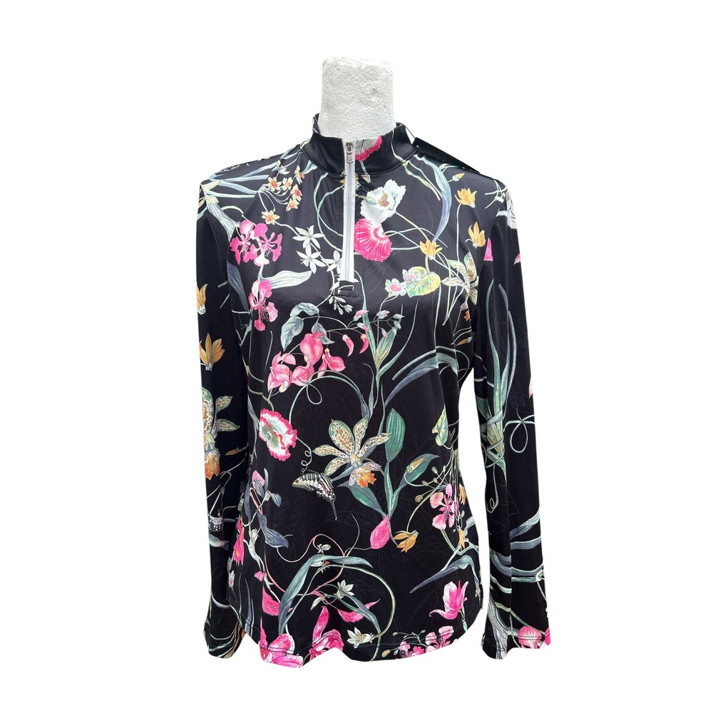 Acegolfs Womens Floral Quarter Zip Long Sleeve Golf Top Black Pink Size M NWT‎